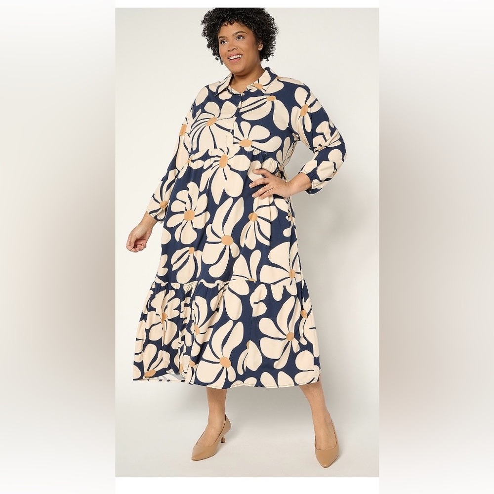 QVC Studio Park X Amy Stran Navy Floral Tiered Midi Shirtdress, XL, 16/18 NEW